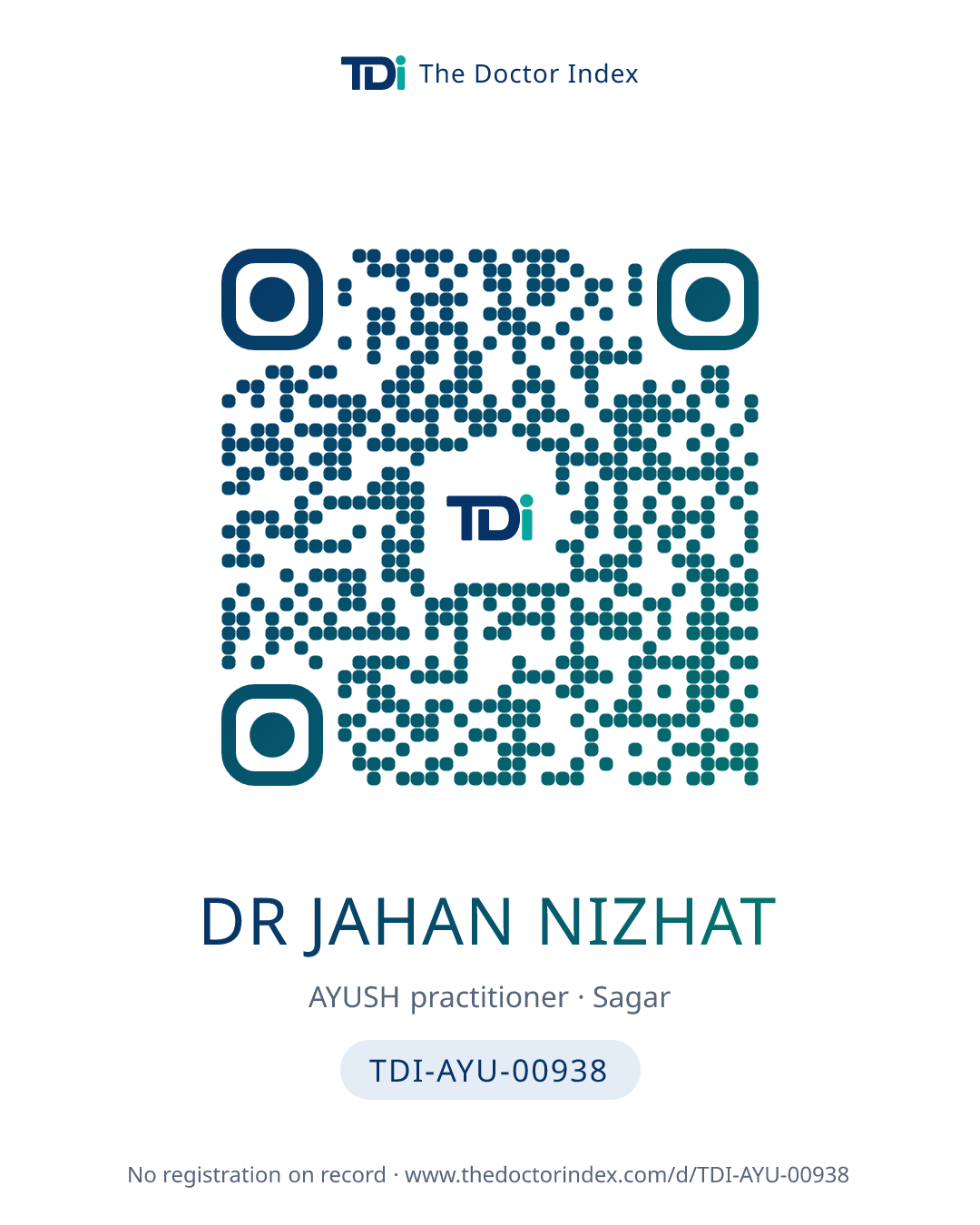QR card for Dr Jahan Nizhat, TDI-AYU-00938