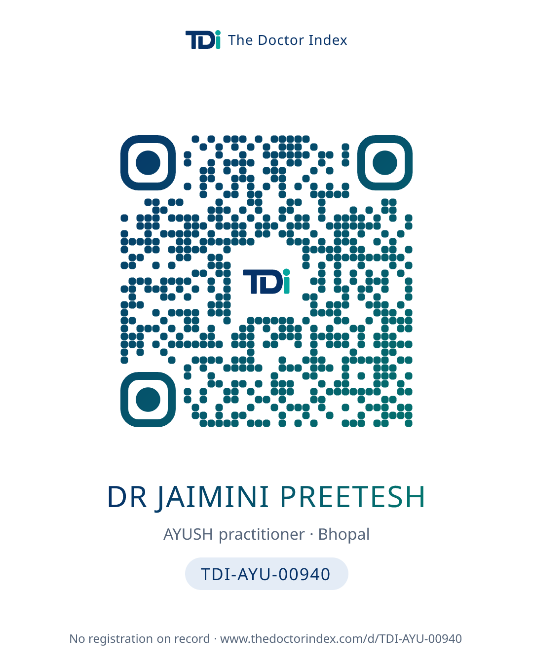 QR card for Dr Jaimini Preetesh, TDI-AYU-00940