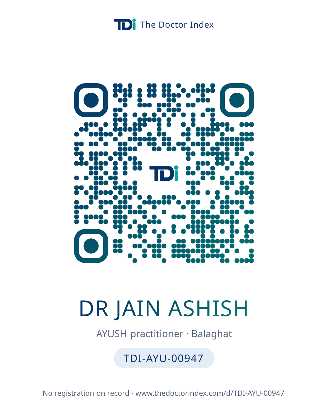 QR card for Dr Jain Ashish, TDI-AYU-00947