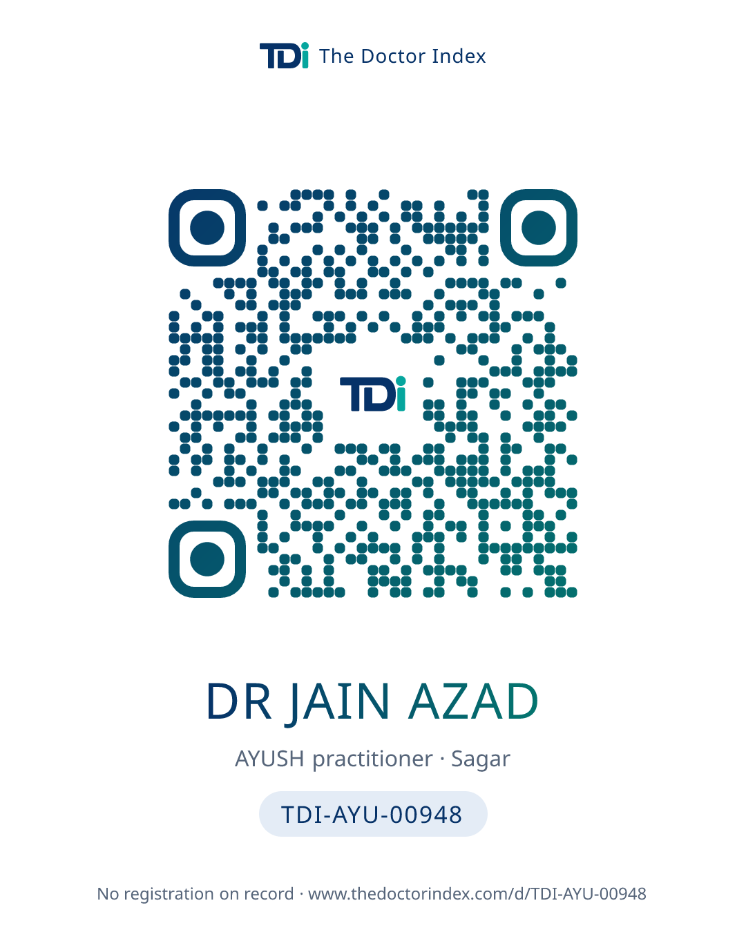 QR card for Dr Jain Azad, TDI-AYU-00948