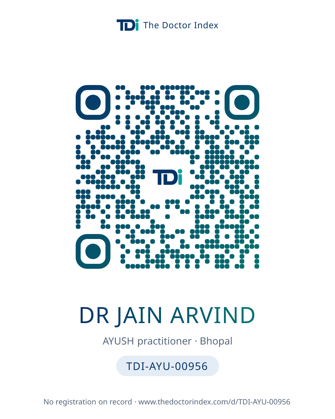 QR card for Dr Jain Arvind, TDI-AYU-00956