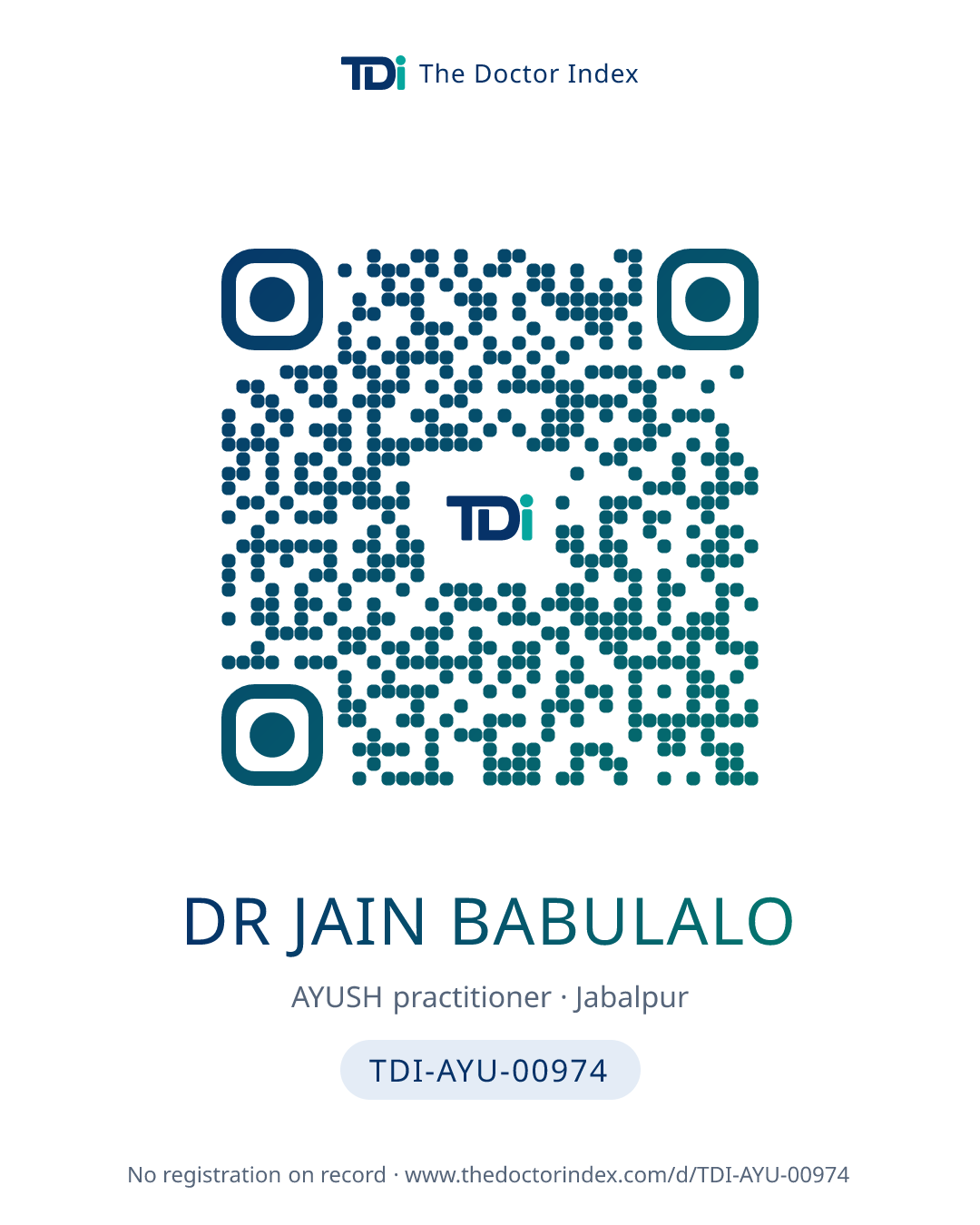 QR card for Dr Jain Babulalo, TDI-AYU-00974