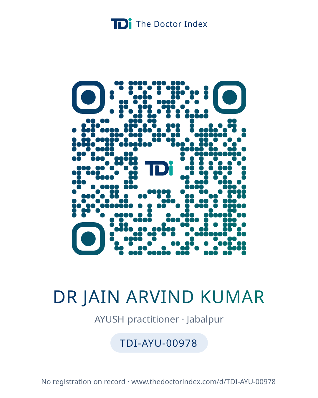 QR card for Dr Jain Arvind Kumar, TDI-AYU-00978