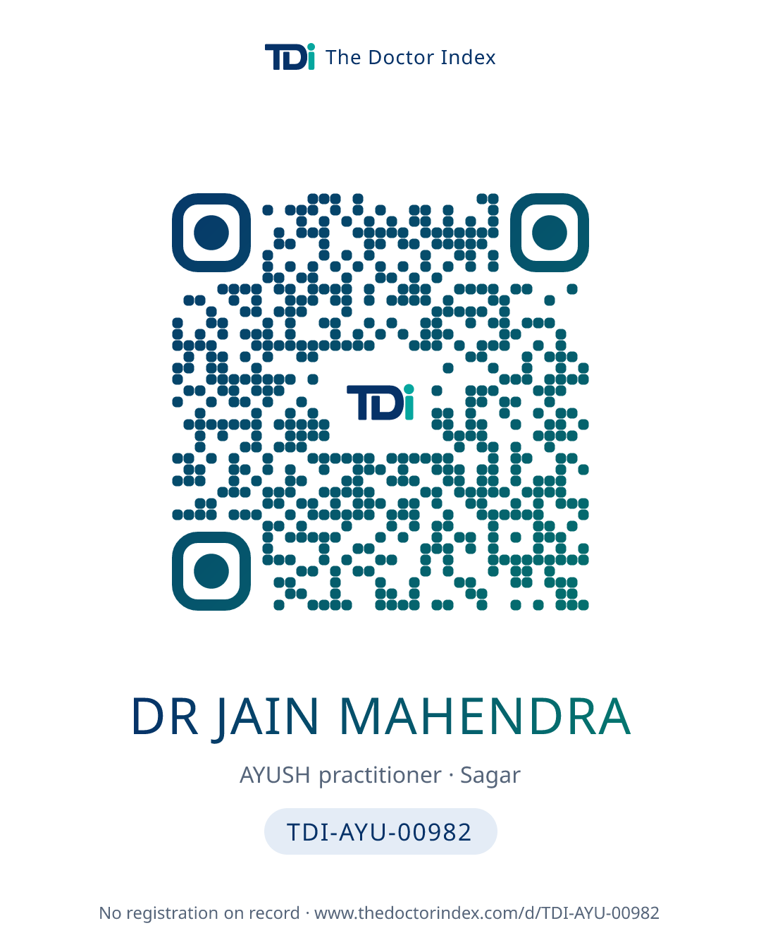 QR card for Dr Jain Mahendra, TDI-AYU-00982