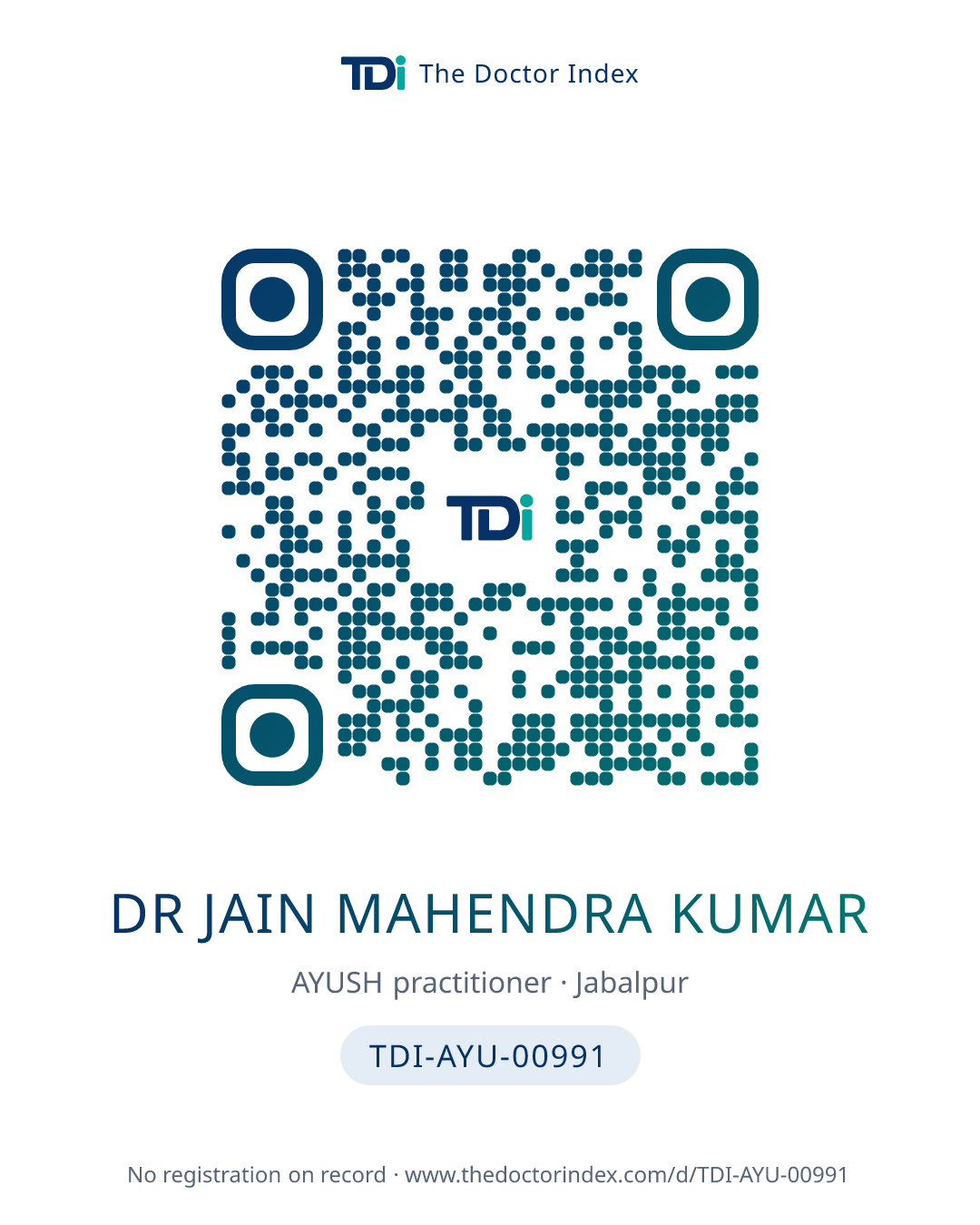 QR card for Dr Jain Mahendra Kumar, TDI-AYU-00991