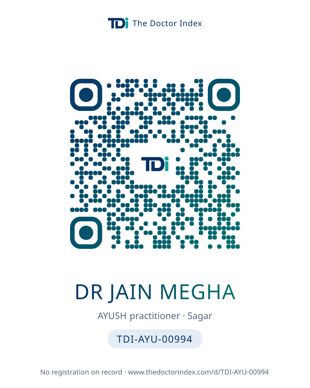 QR card for Dr Jain Megha, TDI-AYU-00994