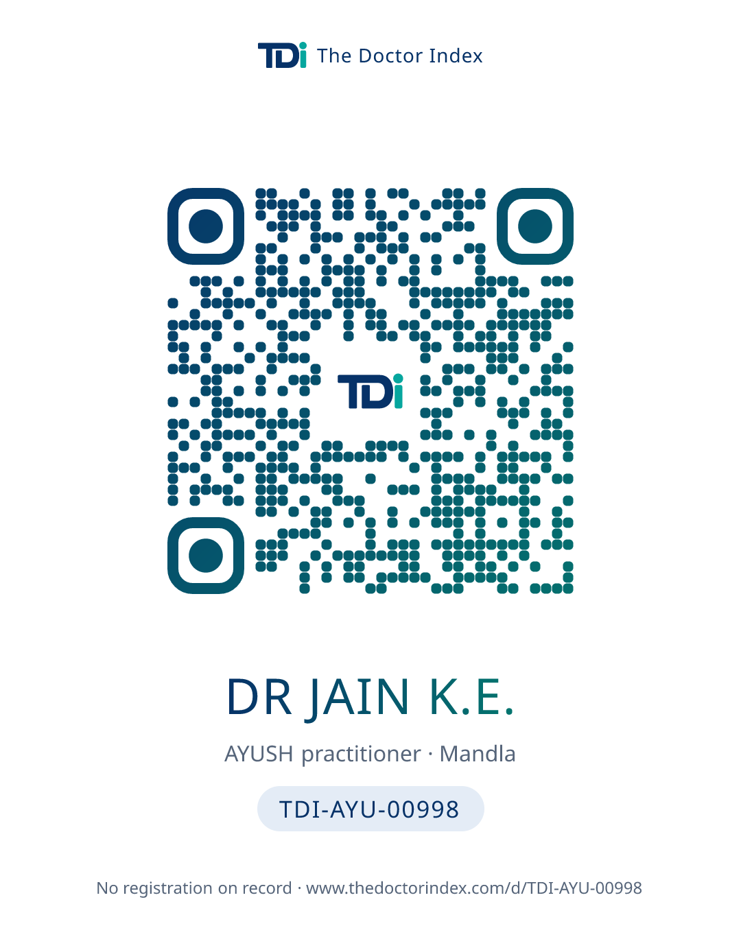 QR card for Dr Jain K.E., TDI-AYU-00998