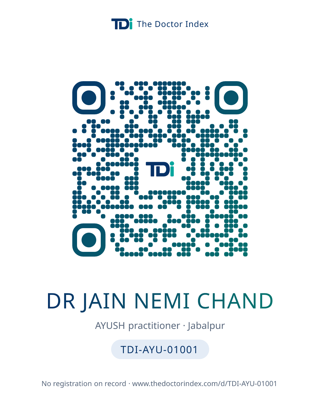 QR card for Dr Jain Nemi Chand, TDI-AYU-01001