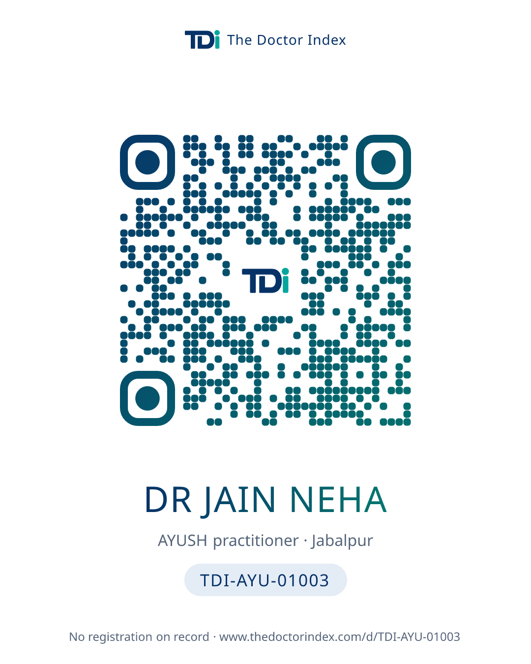 QR card for Dr Jain Neha, TDI-AYU-01003