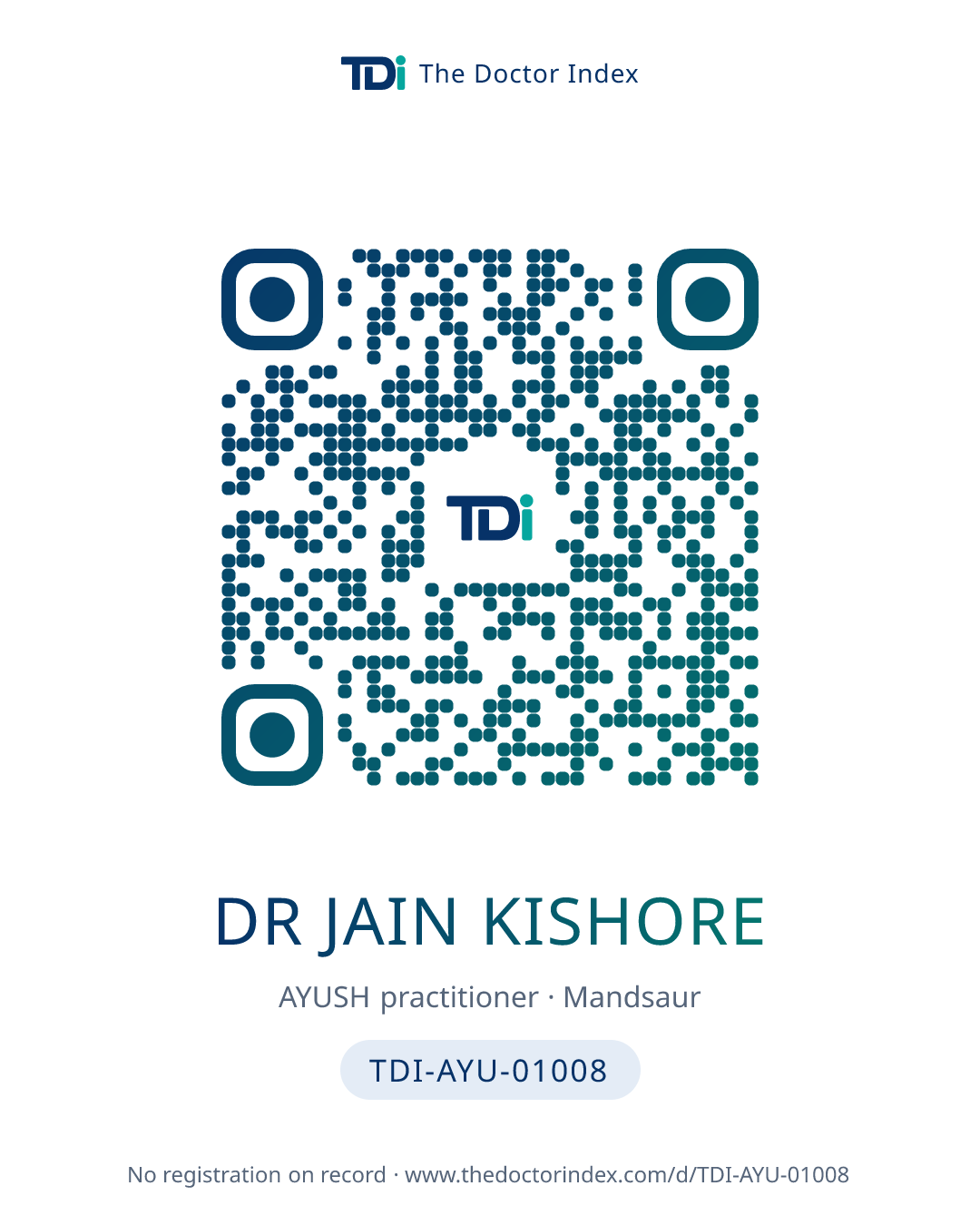 QR card for Dr Jain Kishore, TDI-AYU-01008