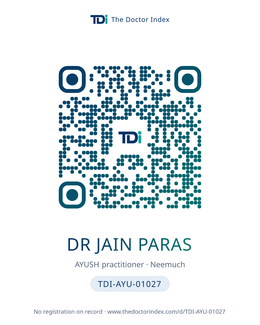 QR card for Dr Jain Paras, TDI-AYU-01027