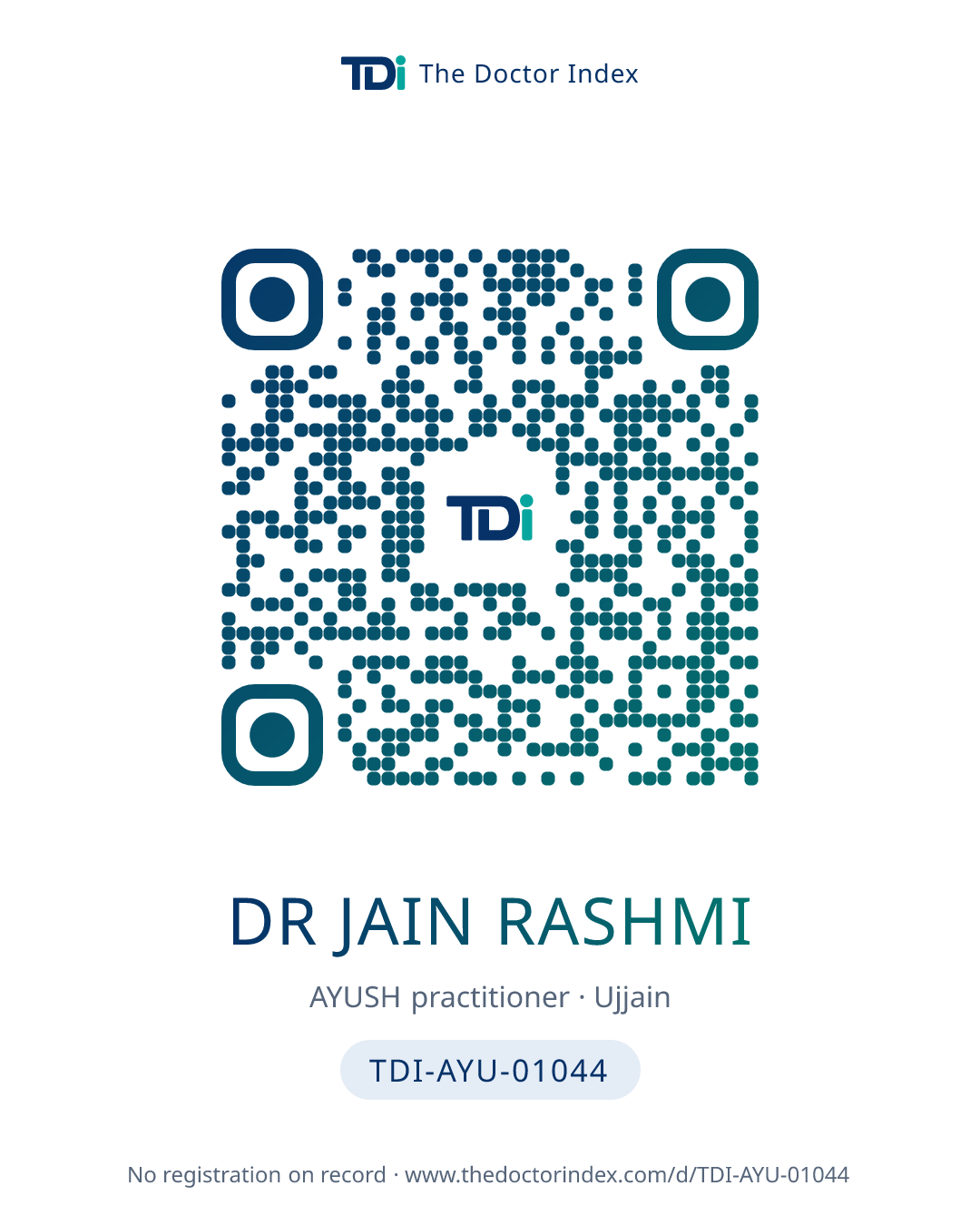 QR card for Dr Jain Rashmi, TDI-AYU-01044