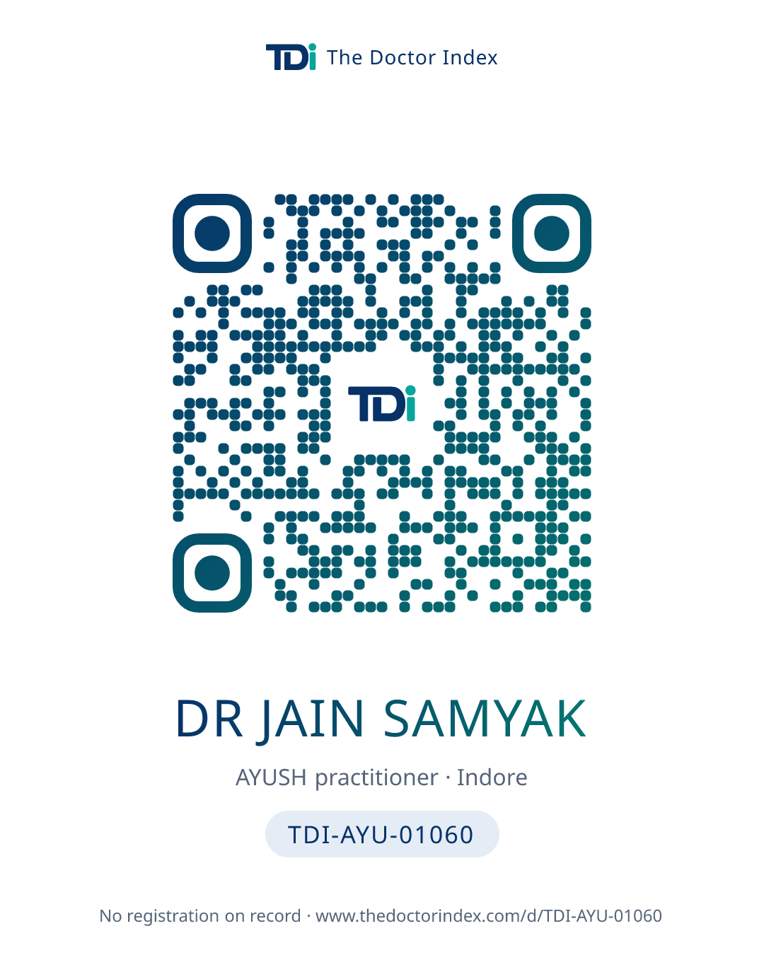QR card for Dr Jain Samyak, TDI-AYU-01060