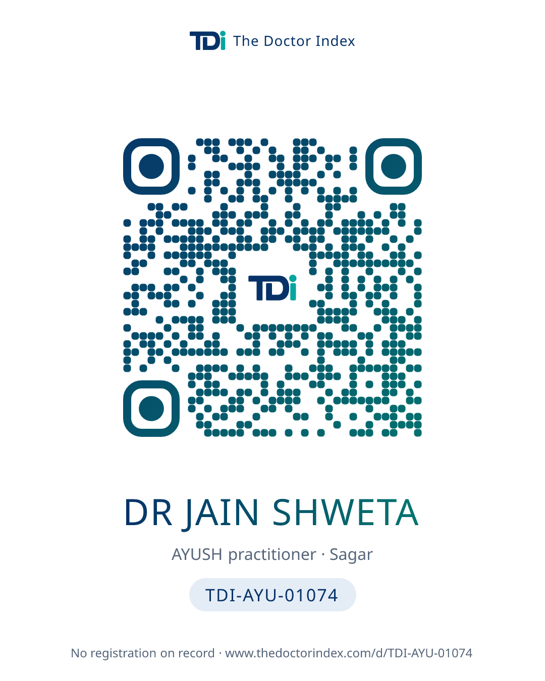 QR card for Dr Jain Shweta, TDI-AYU-01074