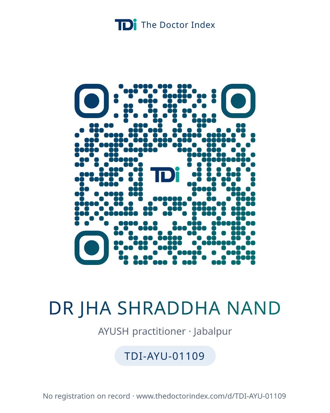 QR card for Dr Jha Shraddha Nand, TDI-AYU-01109