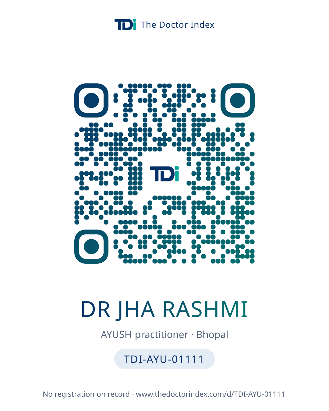 QR card for Dr Jha Rashmi, TDI-AYU-01111