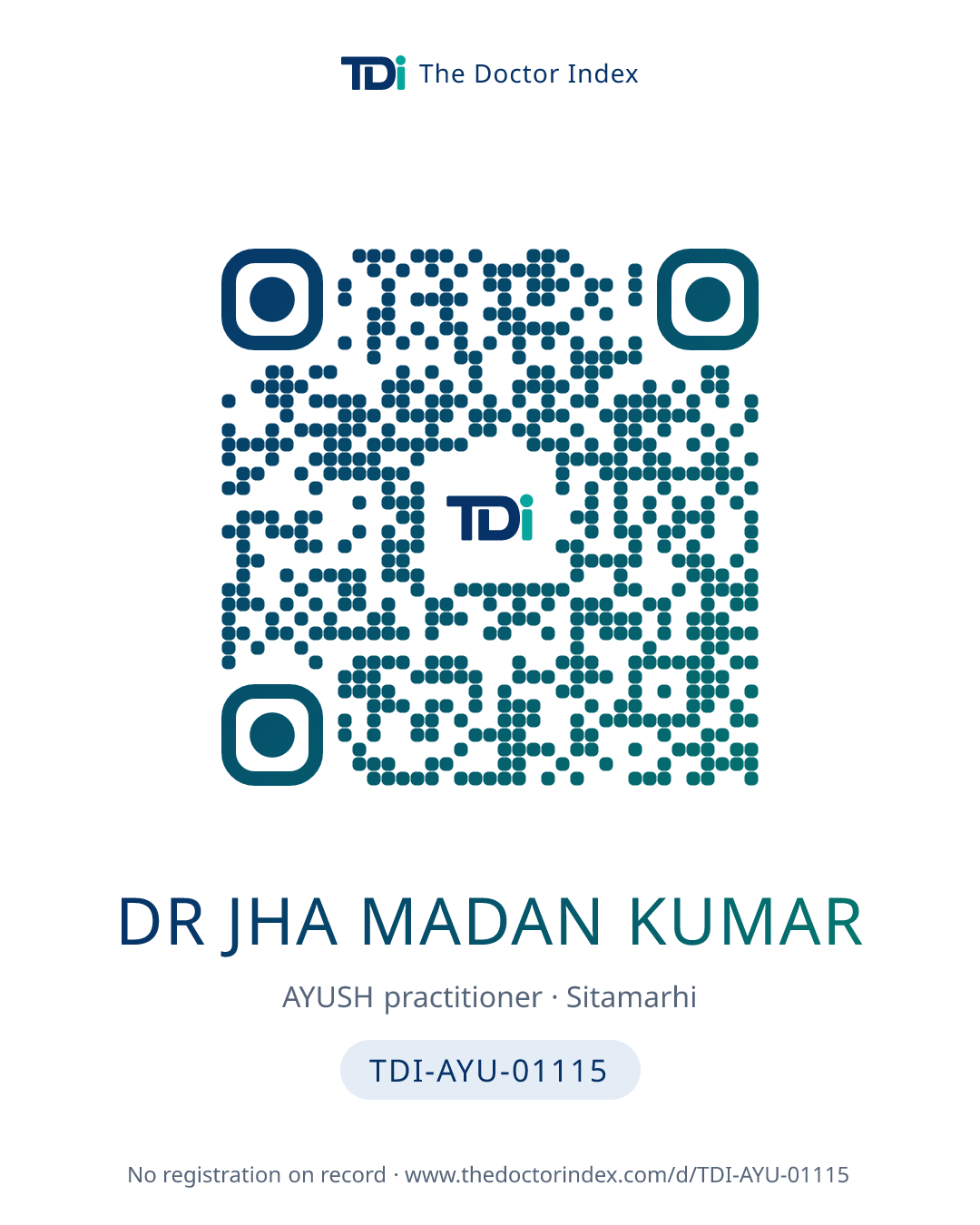 QR card for Dr Jha Madan Kumar, TDI-AYU-01115