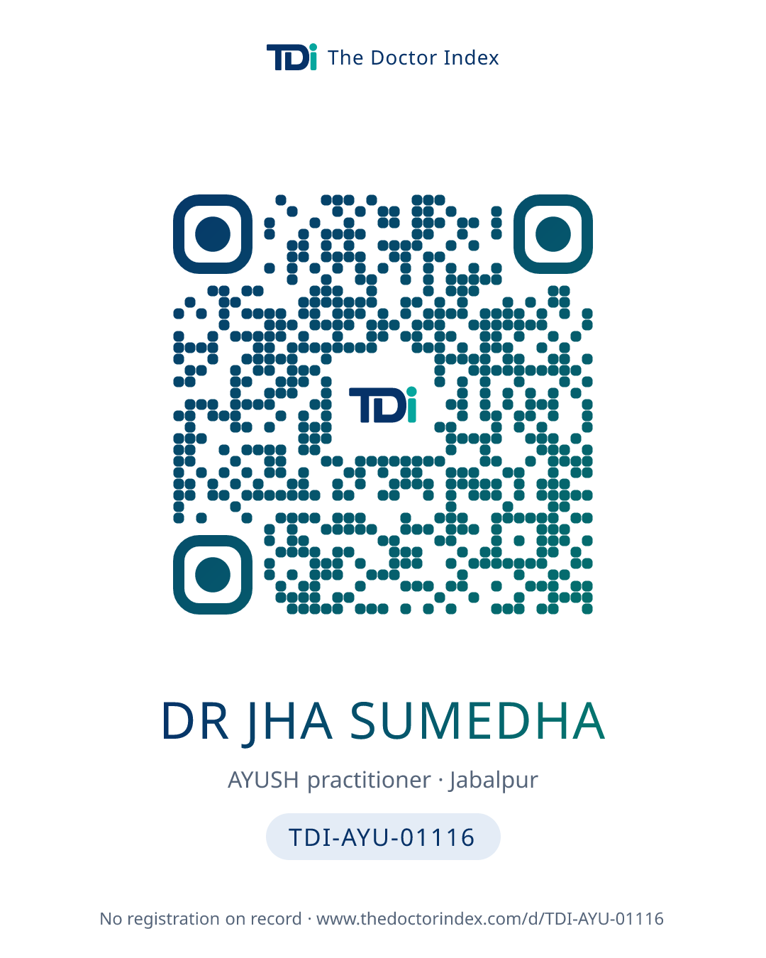 QR card for Dr Jha Sumedha, TDI-AYU-01116
