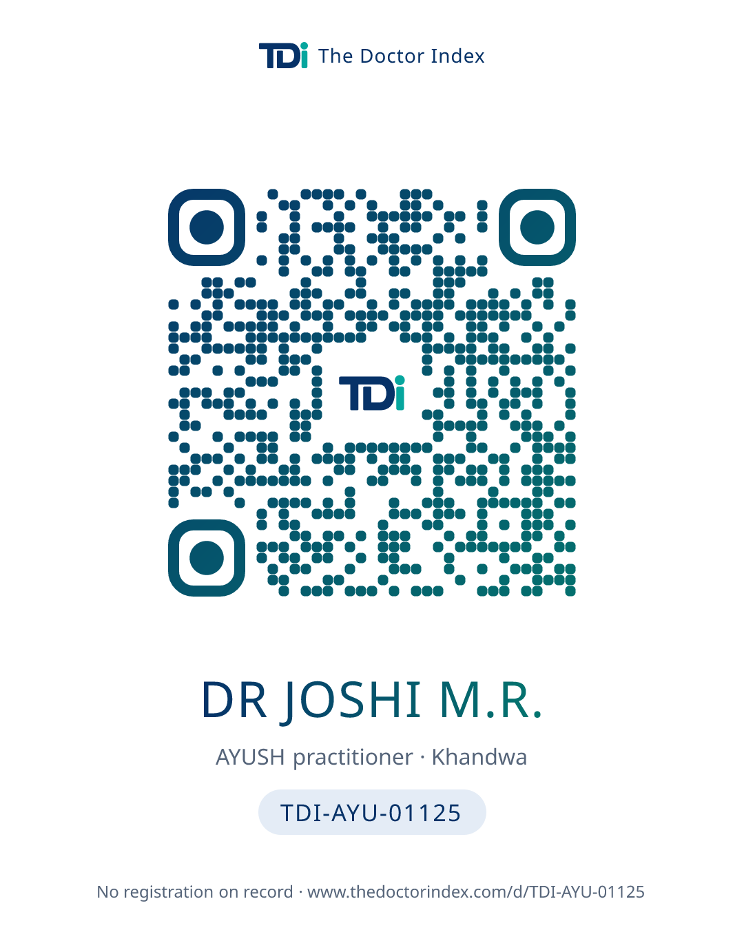 QR card for Dr Joshi M.R., TDI-AYU-01125