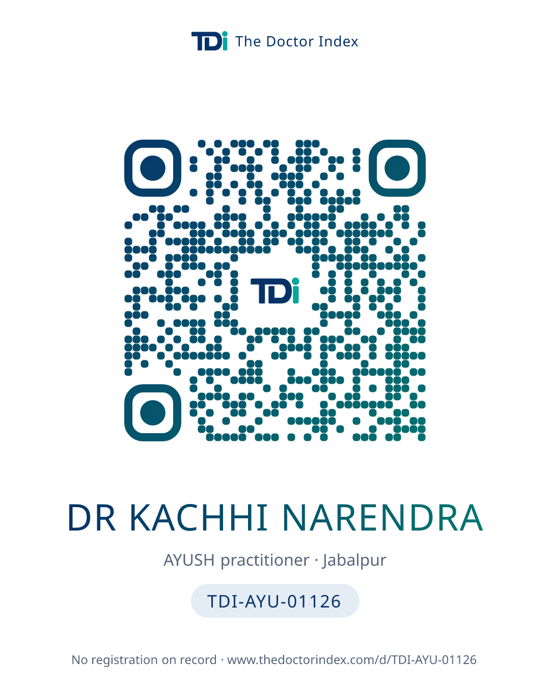 QR card for Dr Kachhi Narendra, TDI-AYU-01126
