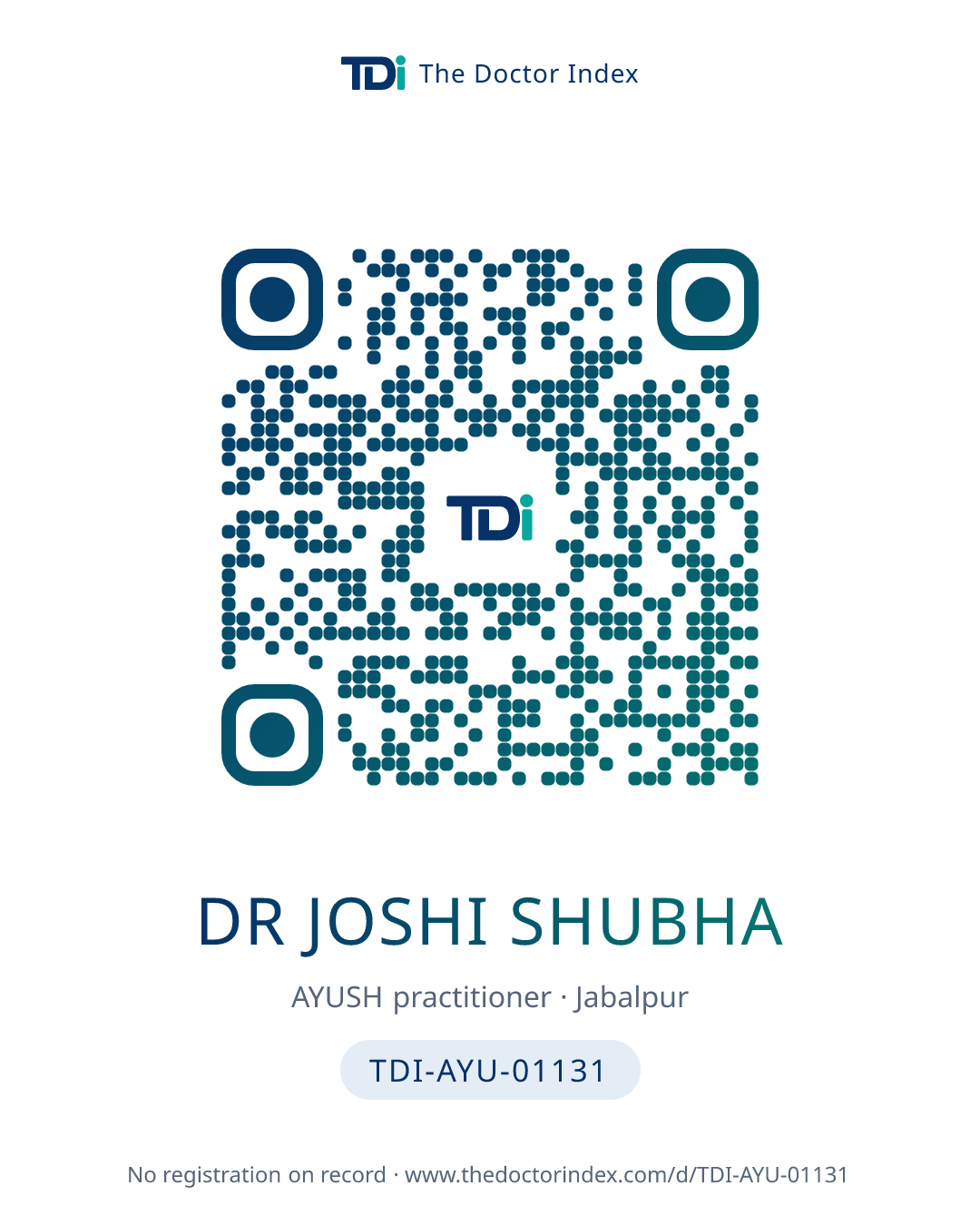 QR card for Dr Joshi Shubha, TDI-AYU-01131