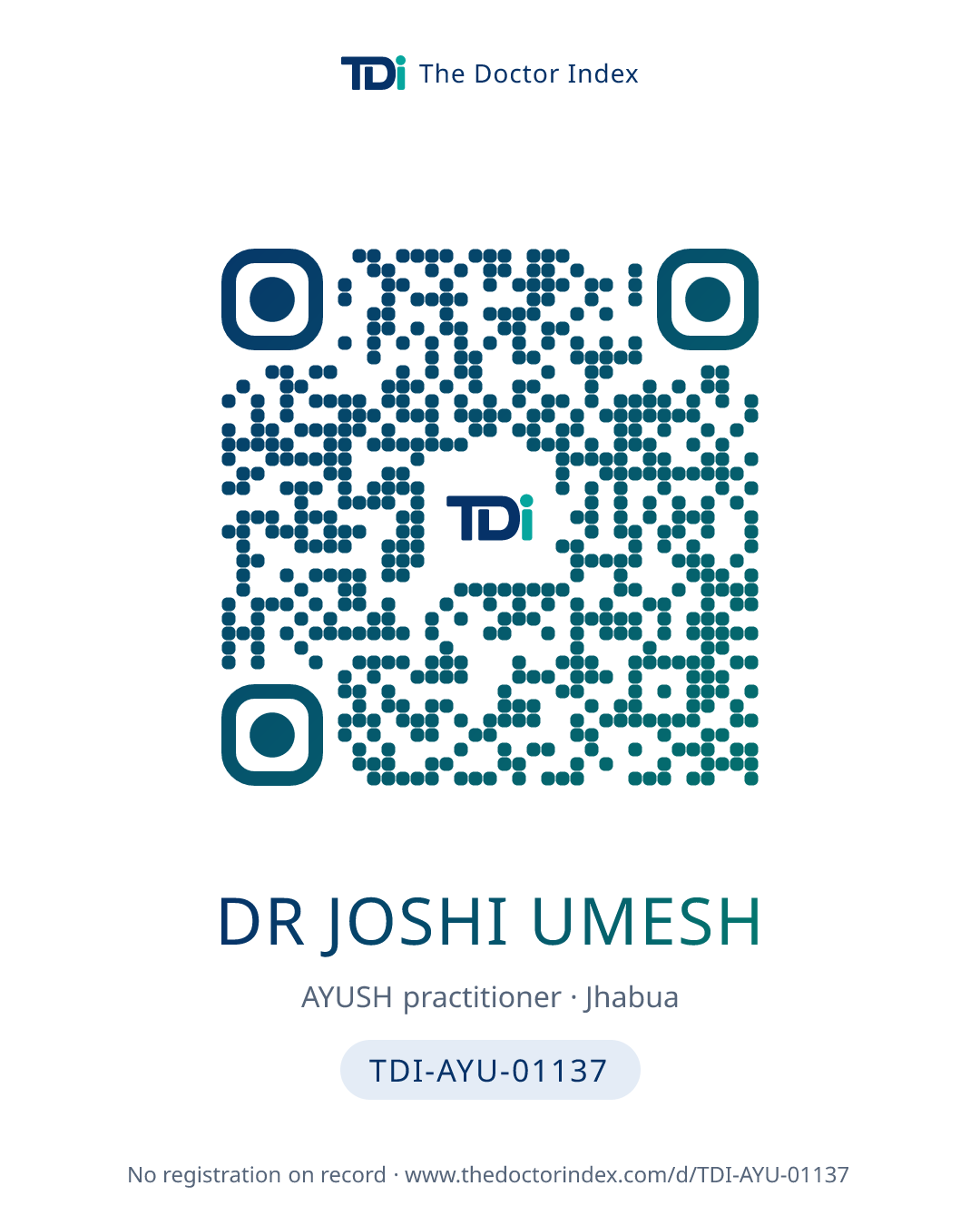 QR card for Dr Joshi Umesh, TDI-AYU-01137