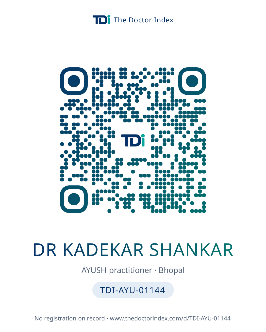 QR card for Dr Kadekar Shankar, TDI-AYU-01144