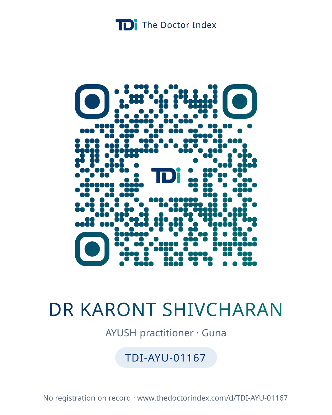 QR card for Dr Karont Shivcharan, TDI-AYU-01167