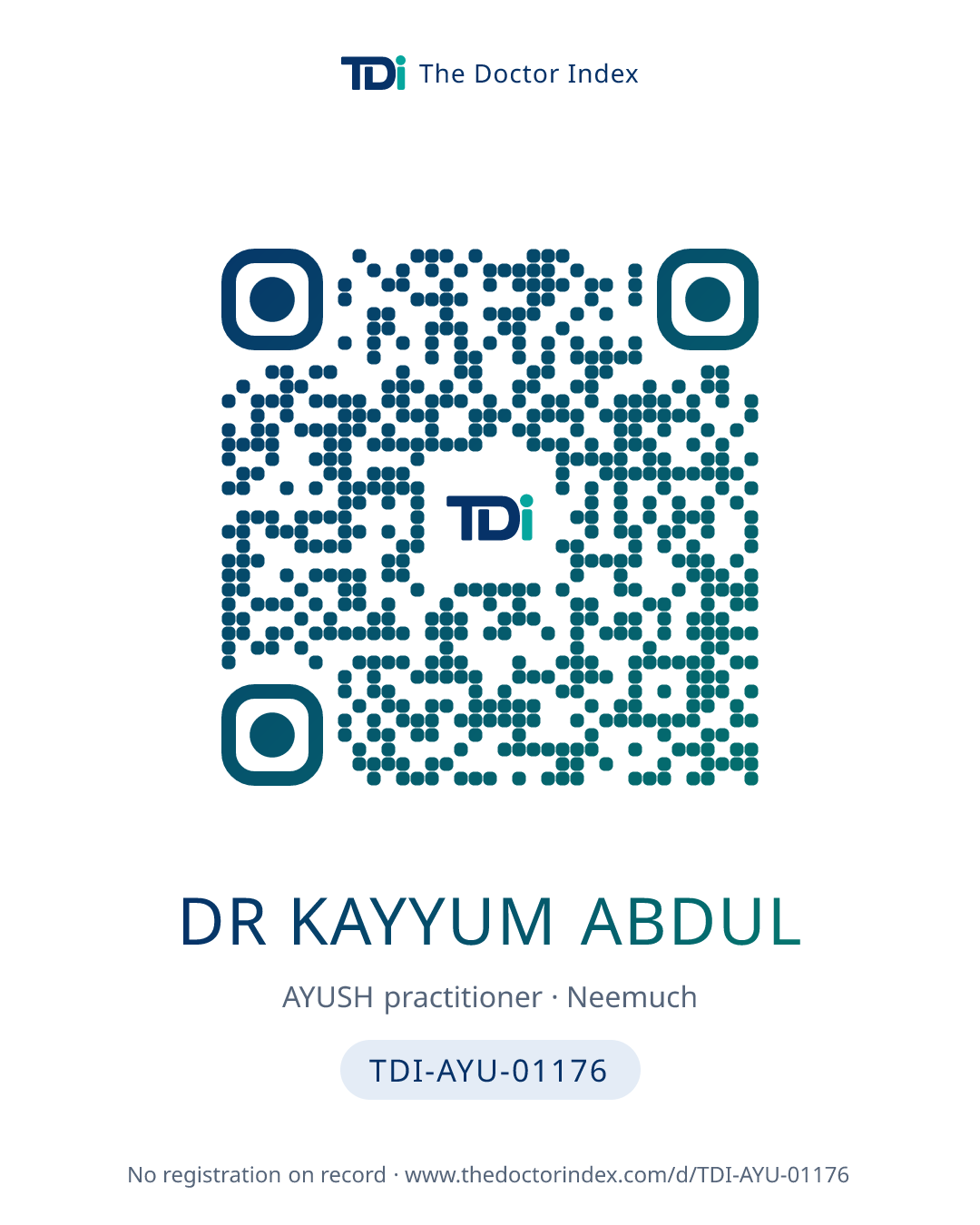 QR card for Dr Kayyum Abdul, TDI-AYU-01176