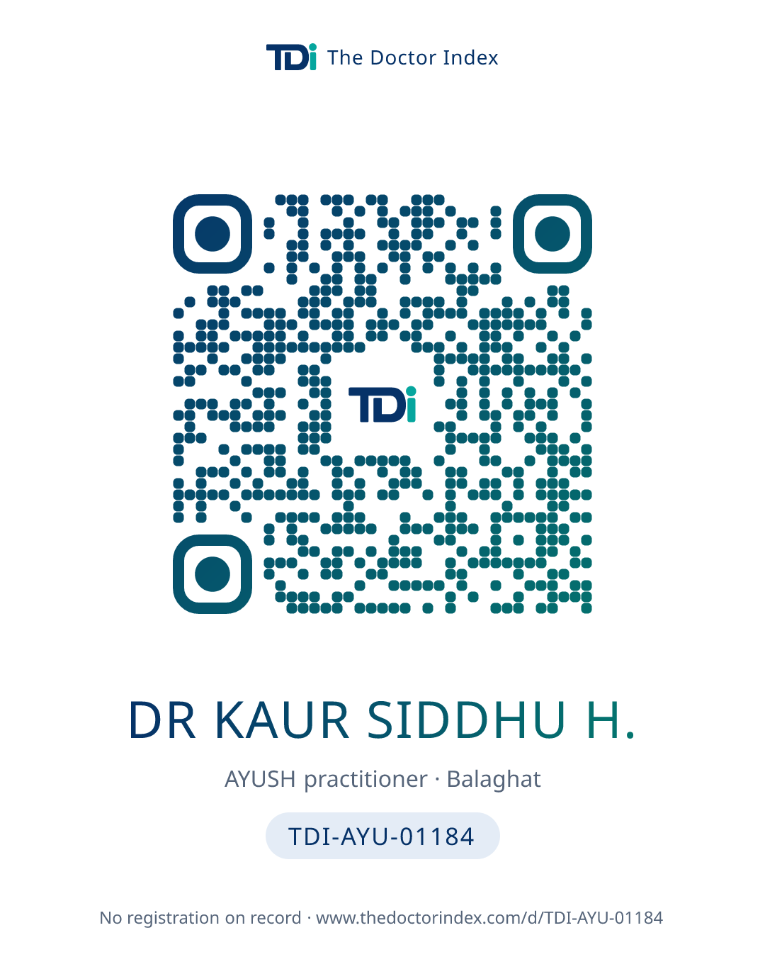QR card for Dr Kaur Siddhu H., TDI-AYU-01184