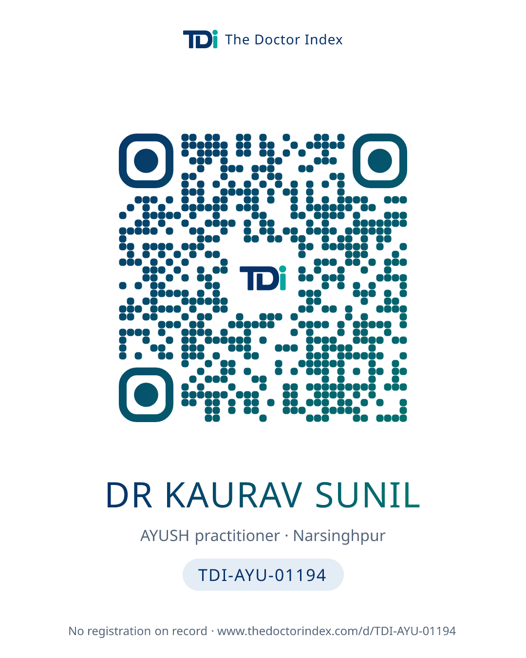QR card for Dr Kaurav Sunil, TDI-AYU-01194