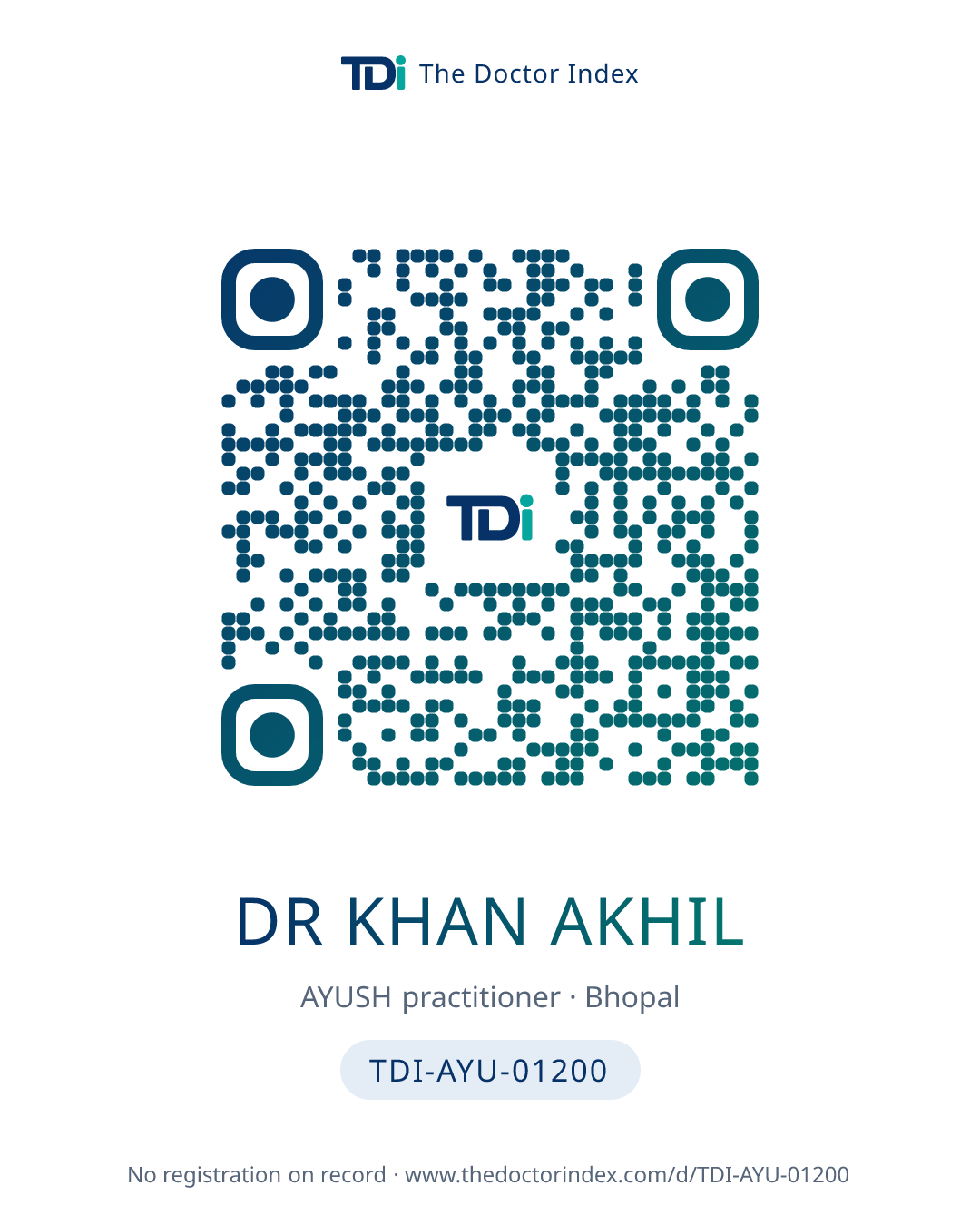 QR card for Dr Khan Akhil, TDI-AYU-01200