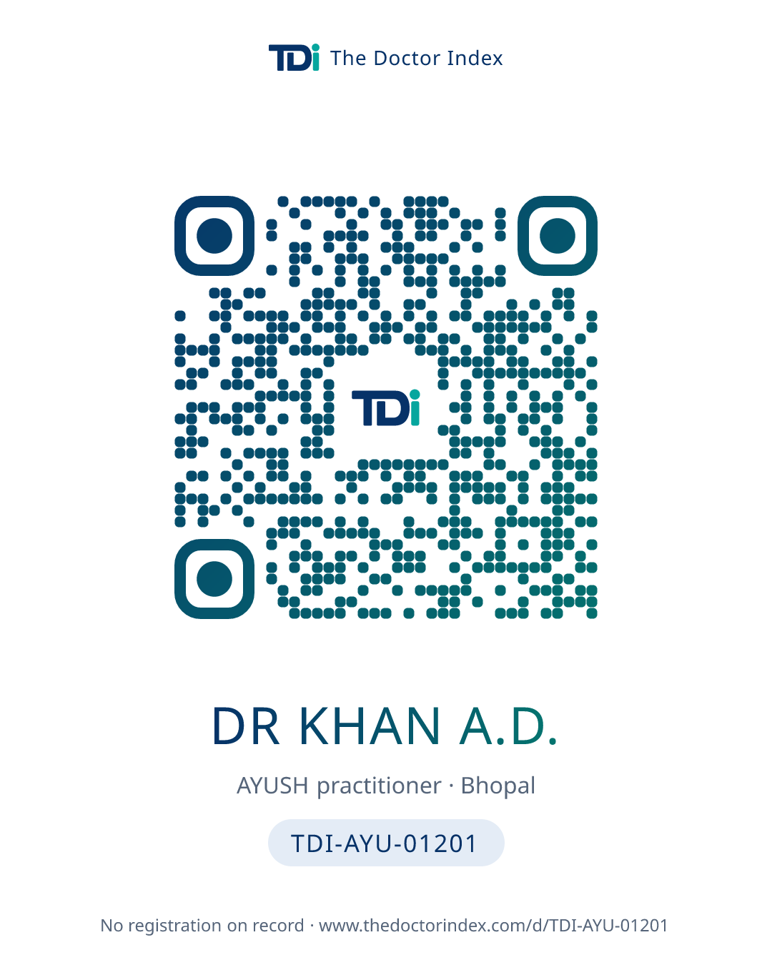 QR card for Dr Khan A.D., TDI-AYU-01201