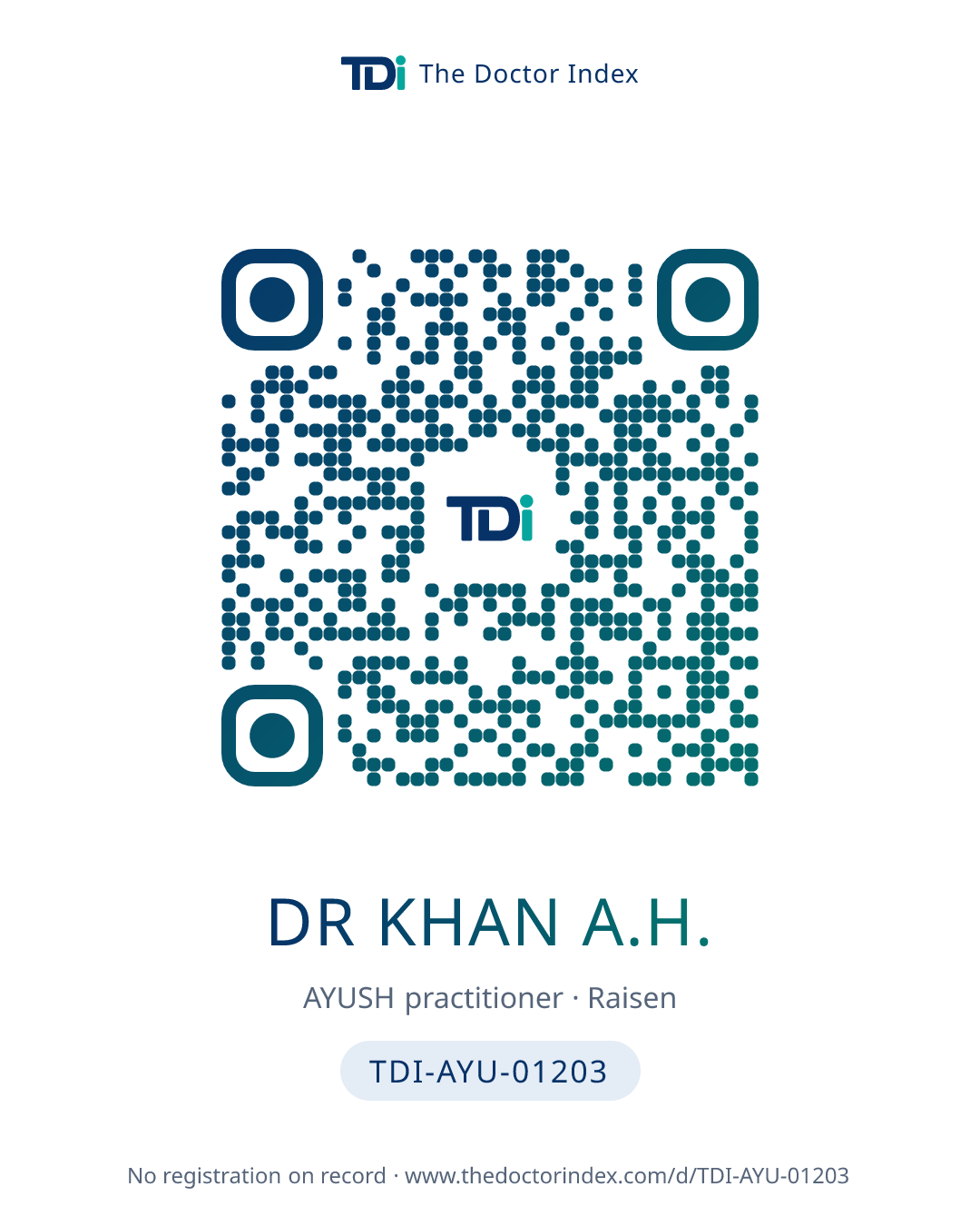 QR card for Dr Khan A.H., TDI-AYU-01203