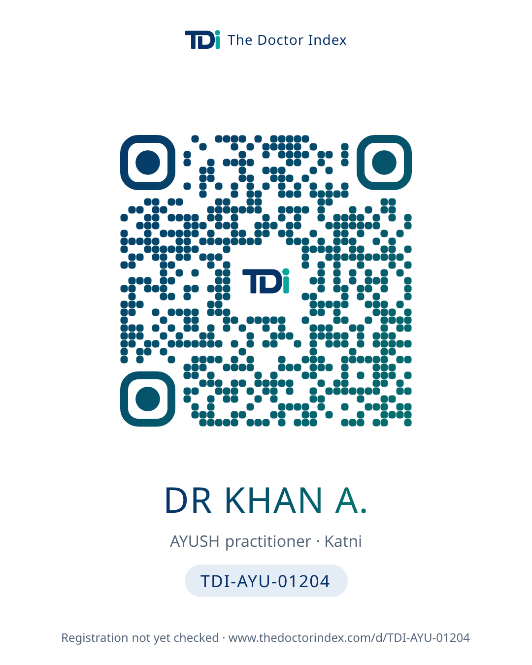 QR card for Dr Khan A., TDI-AYU-01204
