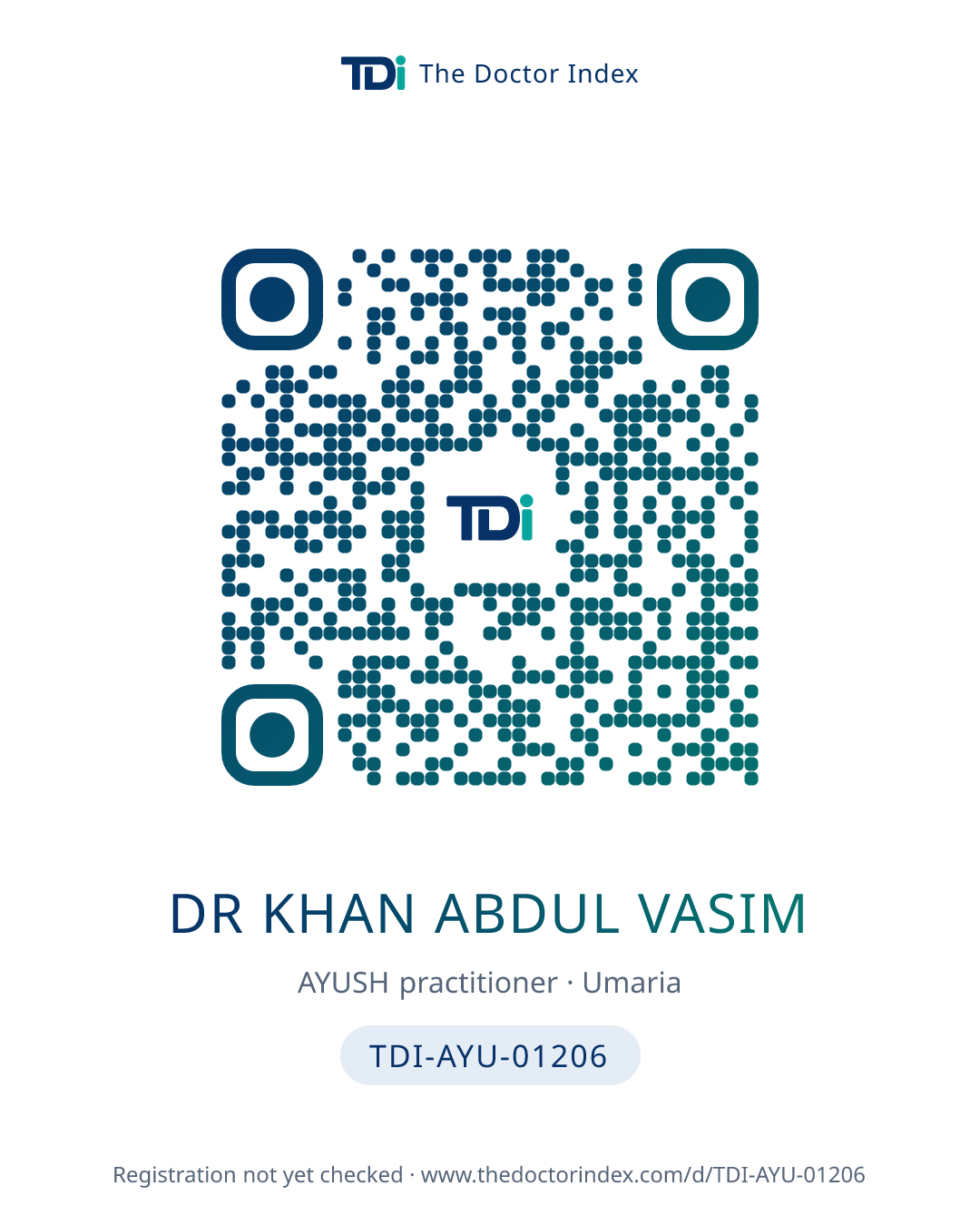 QR card for Dr Khan Abdul Vasim, TDI-AYU-01206