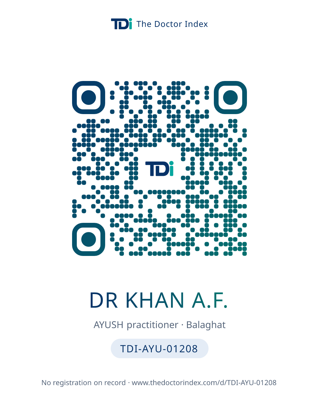 QR card for Dr Khan A.F., TDI-AYU-01208