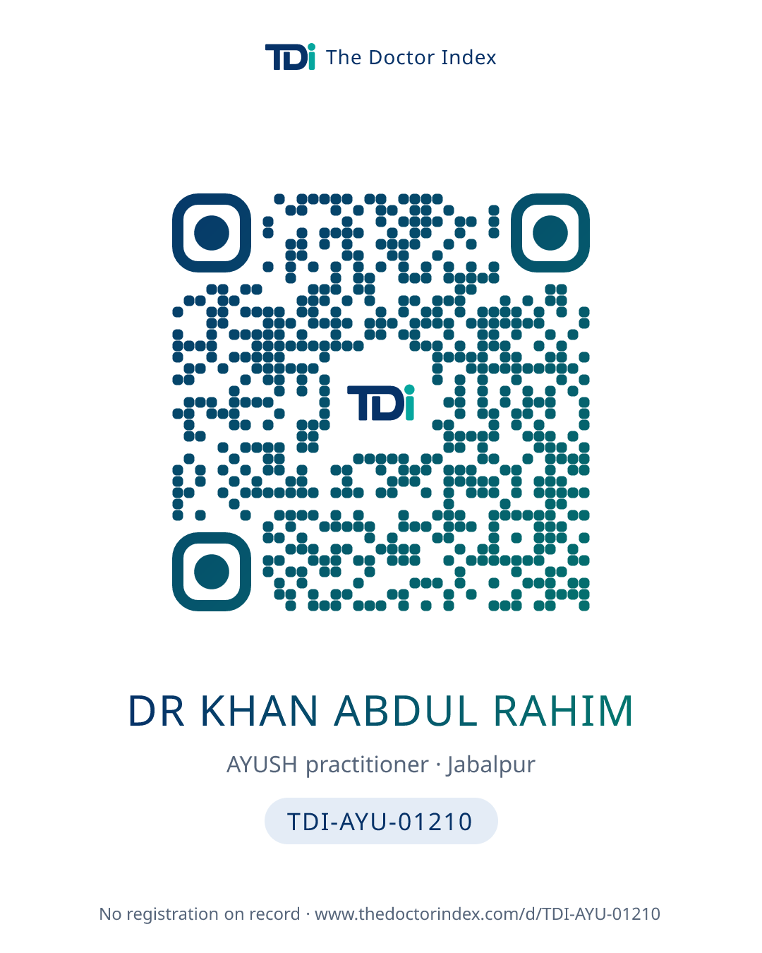 QR card for Dr Khan Abdul Rahim, TDI-AYU-01210