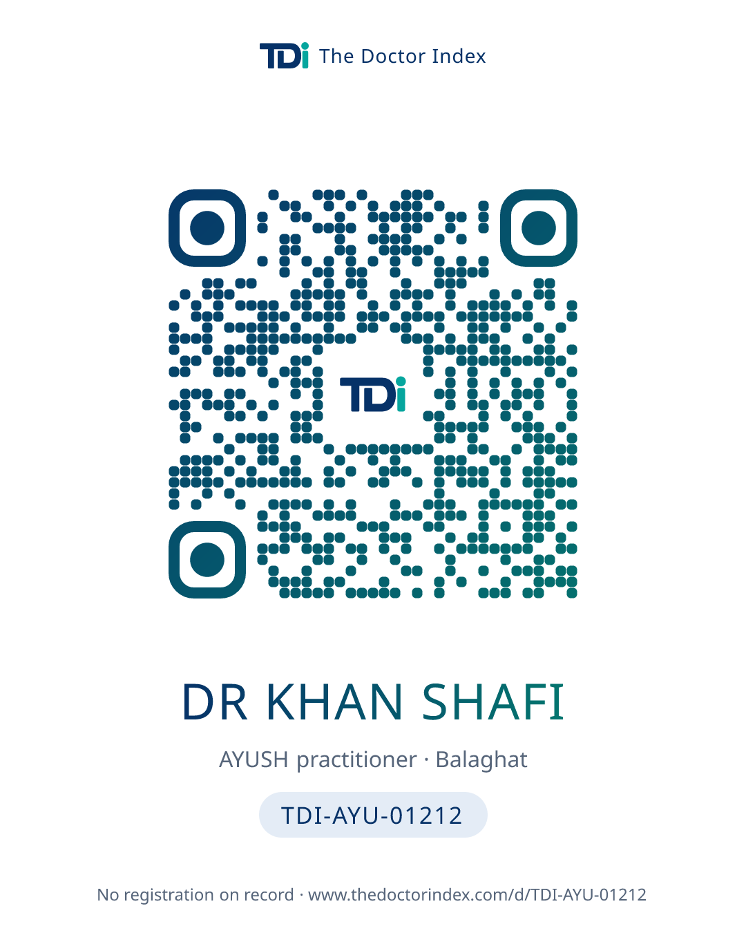 QR card for Dr Khan Shafi, TDI-AYU-01212