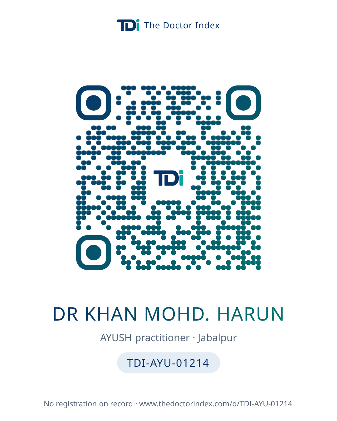 QR card for Dr Khan Mohd. Harun, TDI-AYU-01214