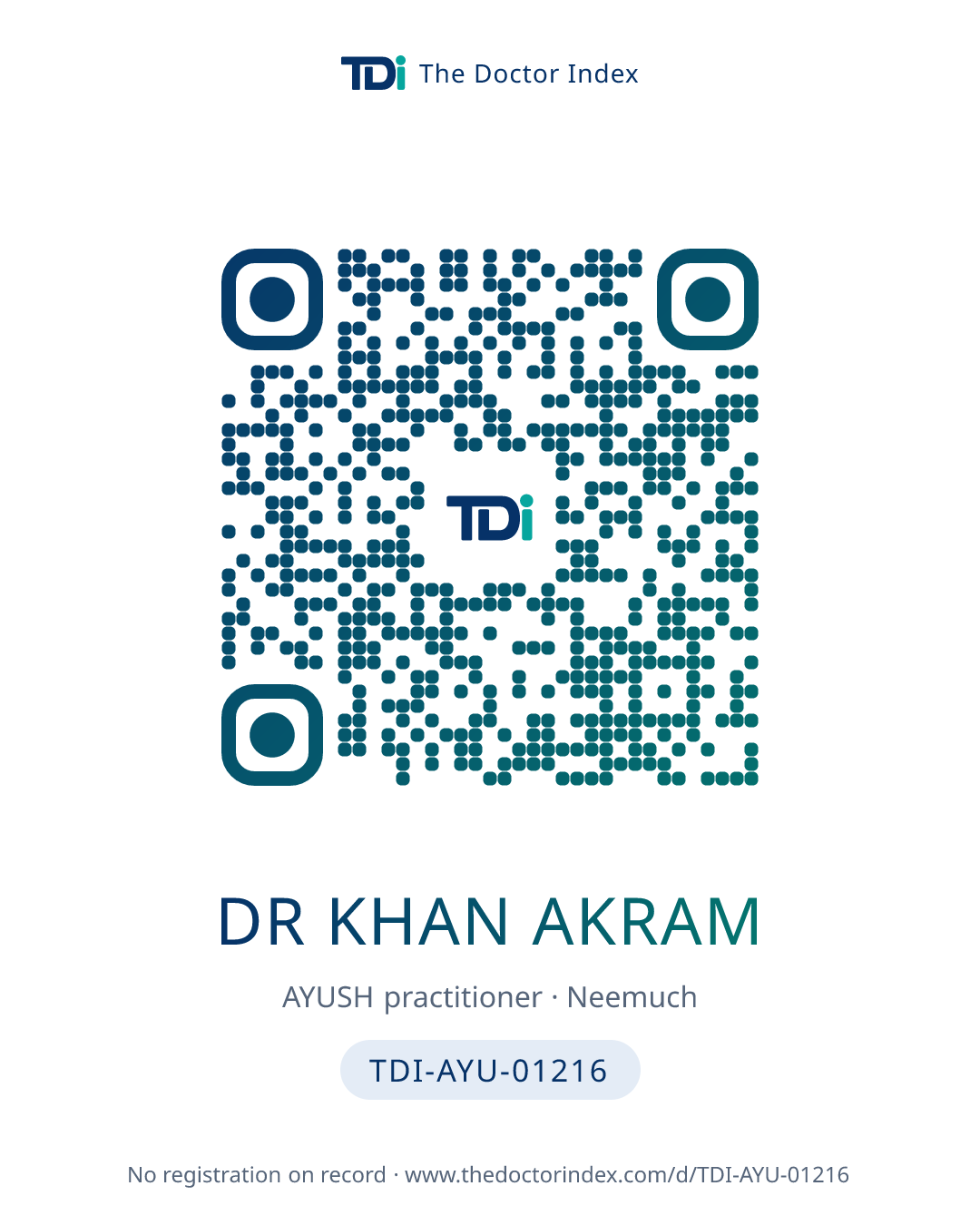 QR card for Dr Khan Akram, TDI-AYU-01216