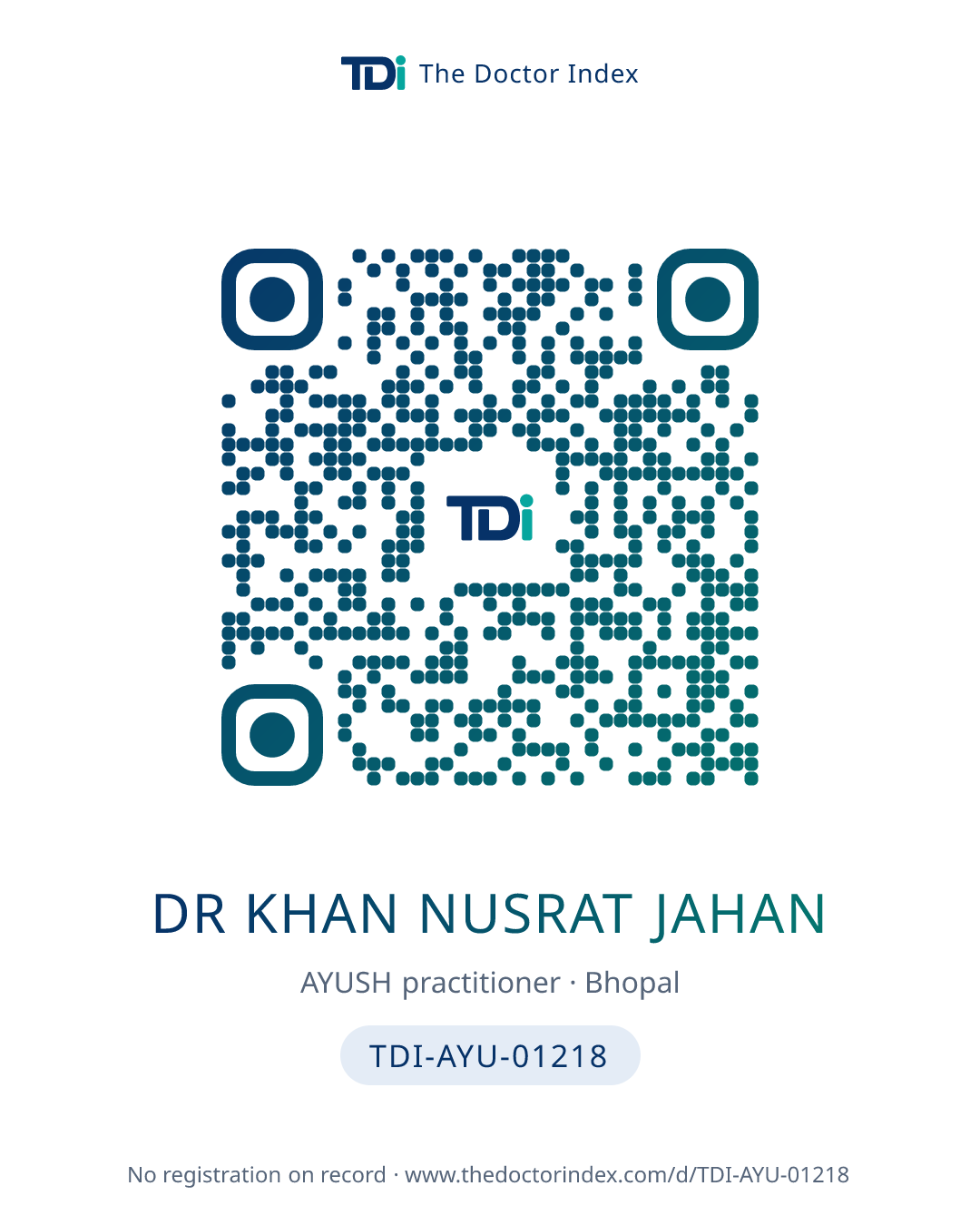 QR card for Dr Khan Nusrat Jahan, TDI-AYU-01218