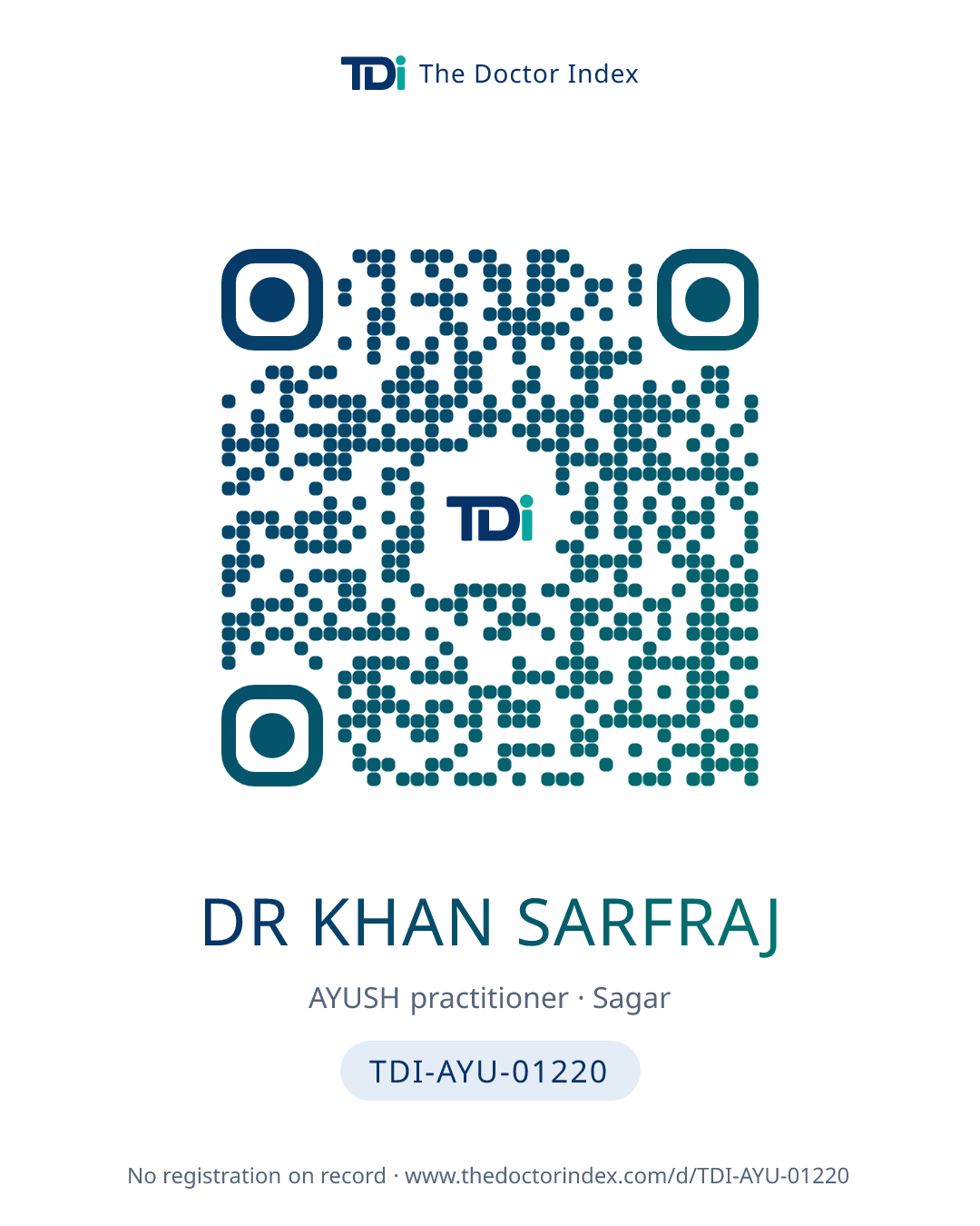 QR card for Dr Khan Sarfraj, TDI-AYU-01220