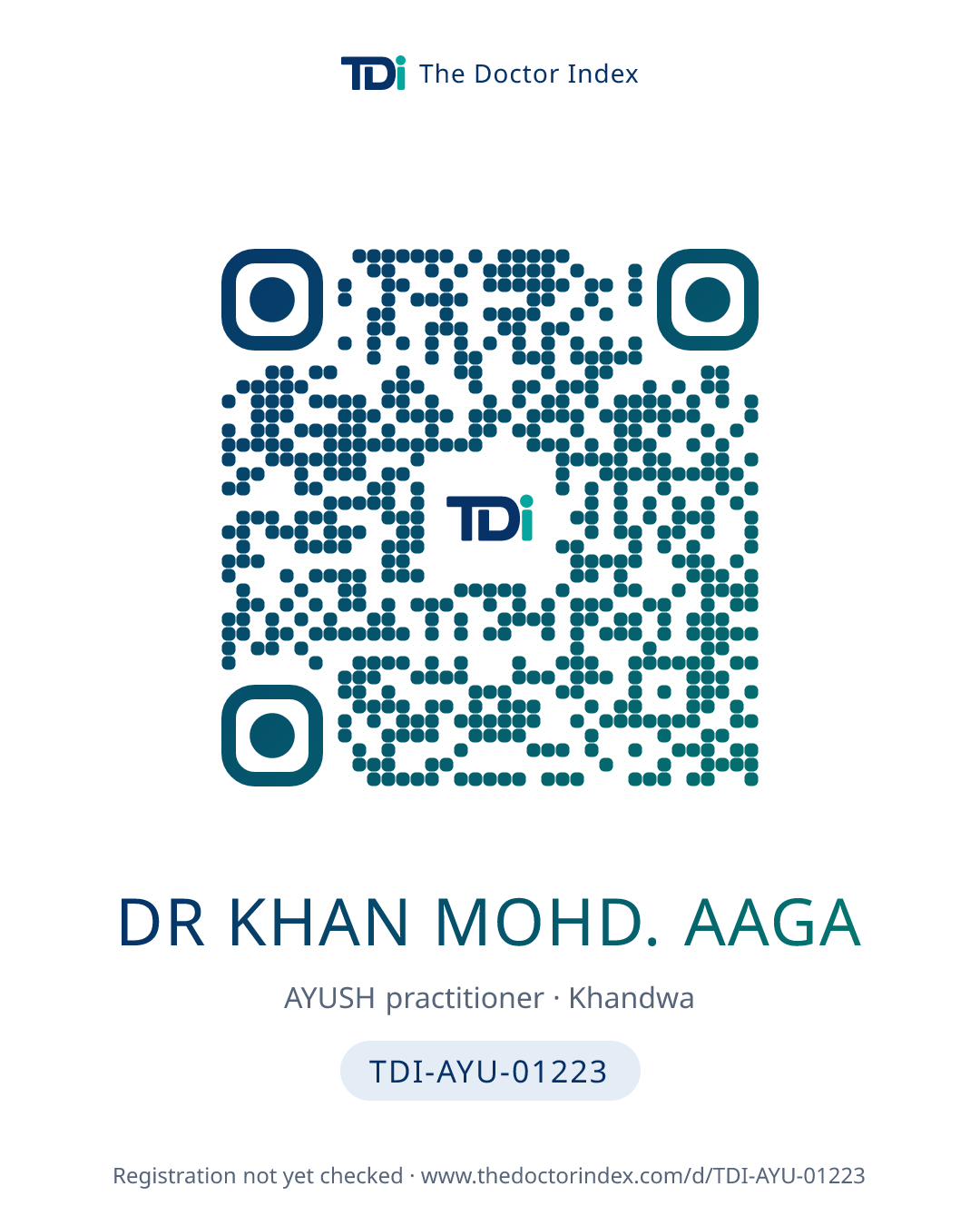 QR card for Dr Khan Mohd. Aaga, TDI-AYU-01223