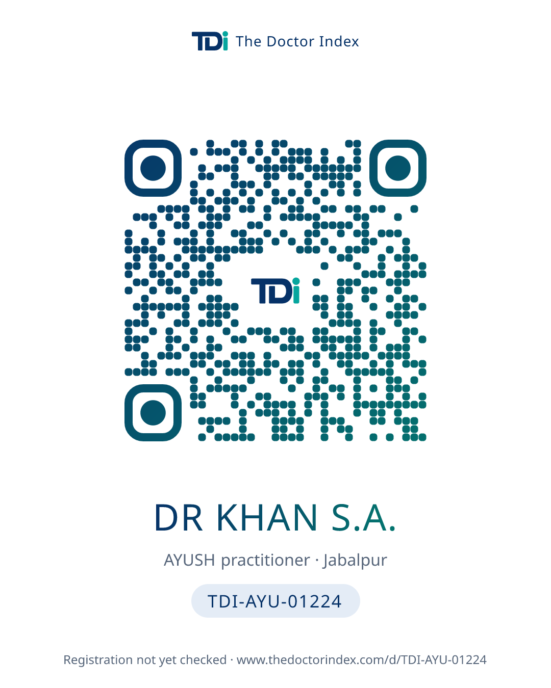 QR card for Dr Khan S.A., TDI-AYU-01224