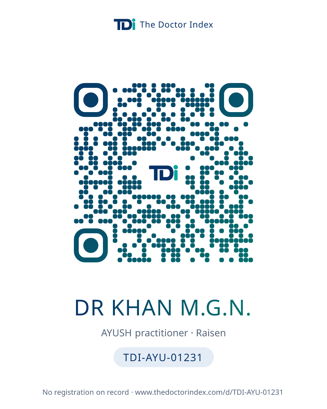 QR card for Dr Khan M.G.N., TDI-AYU-01231