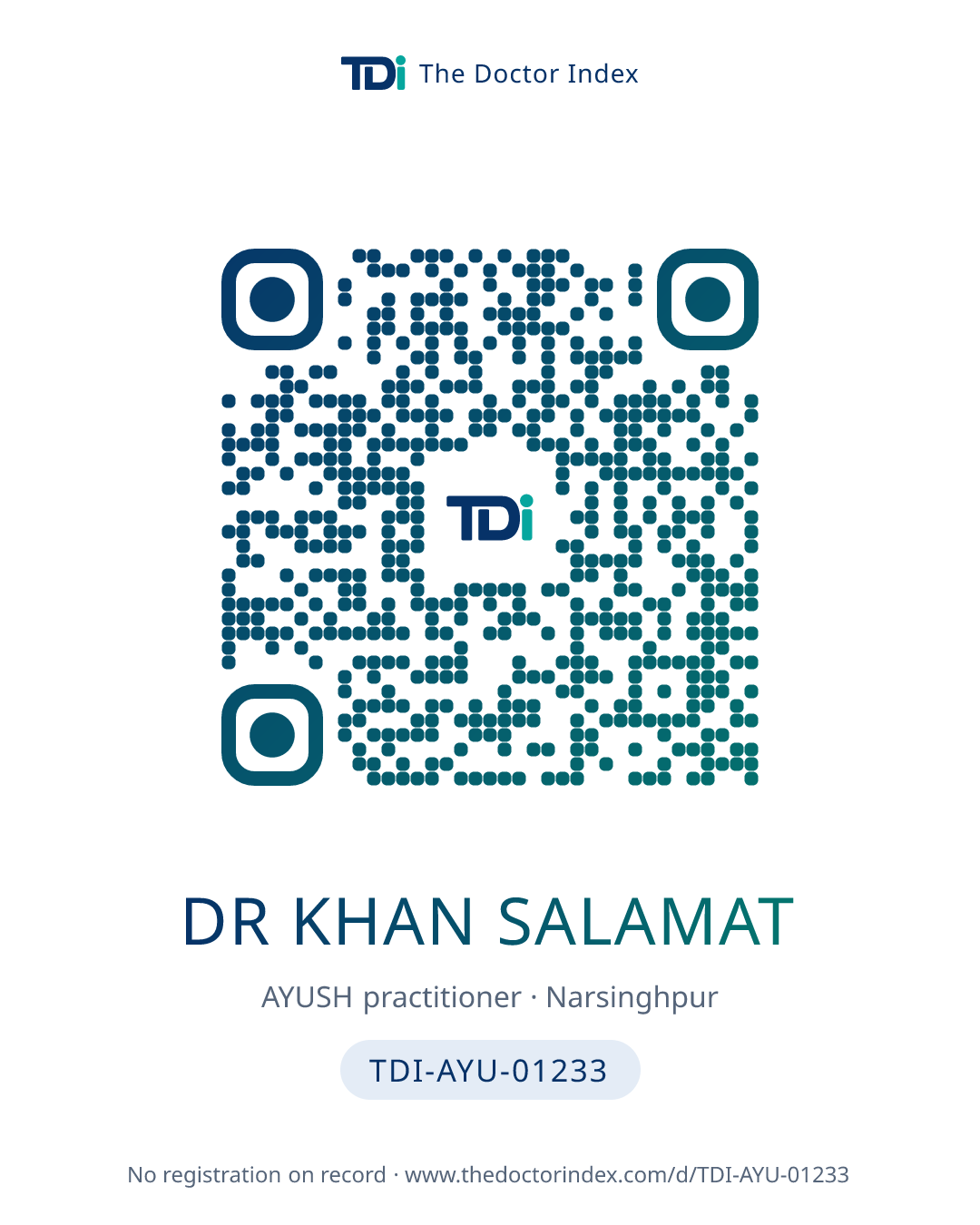 QR card for Dr Khan Salamat, TDI-AYU-01233