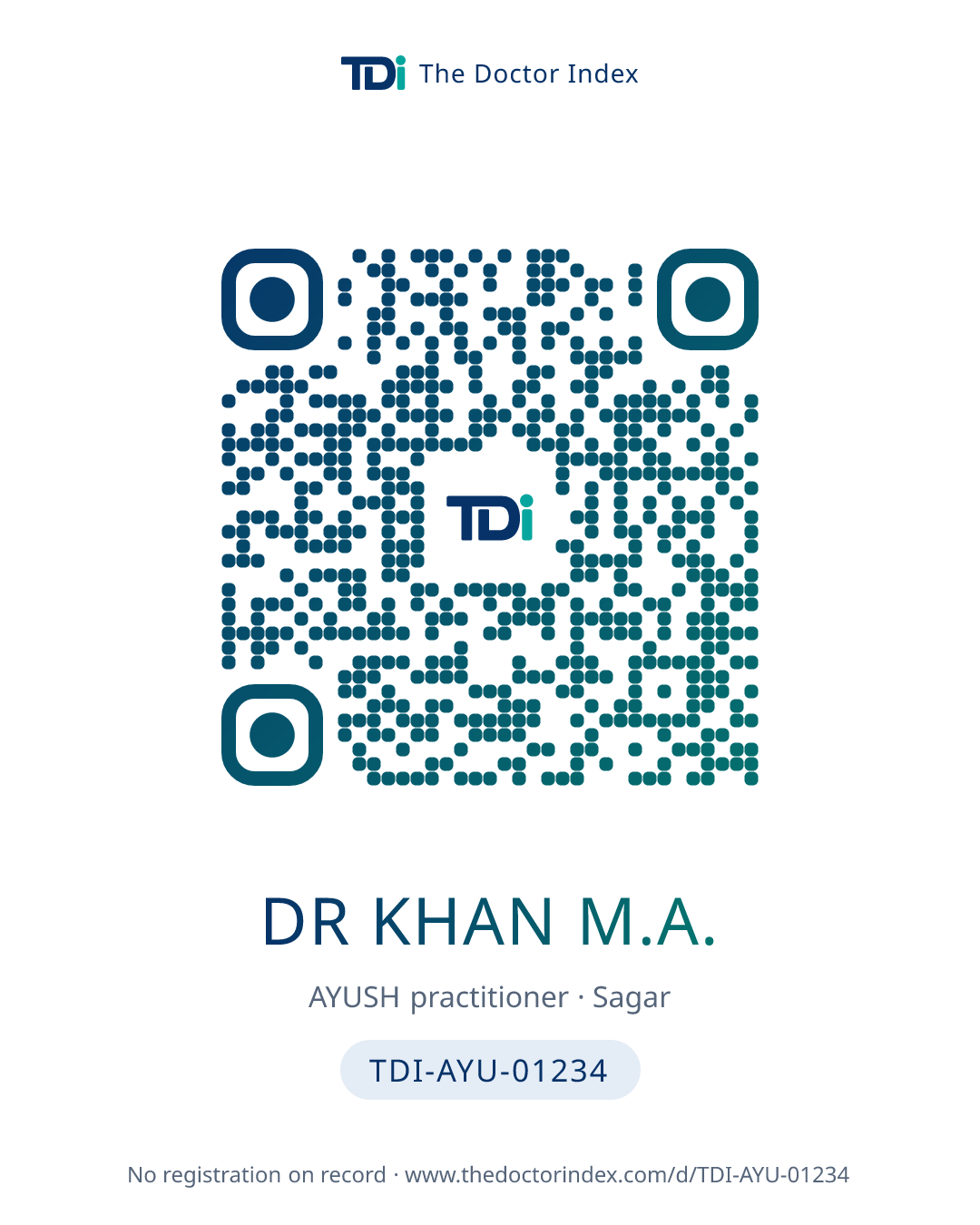 QR card for Dr Khan M.A., TDI-AYU-01234