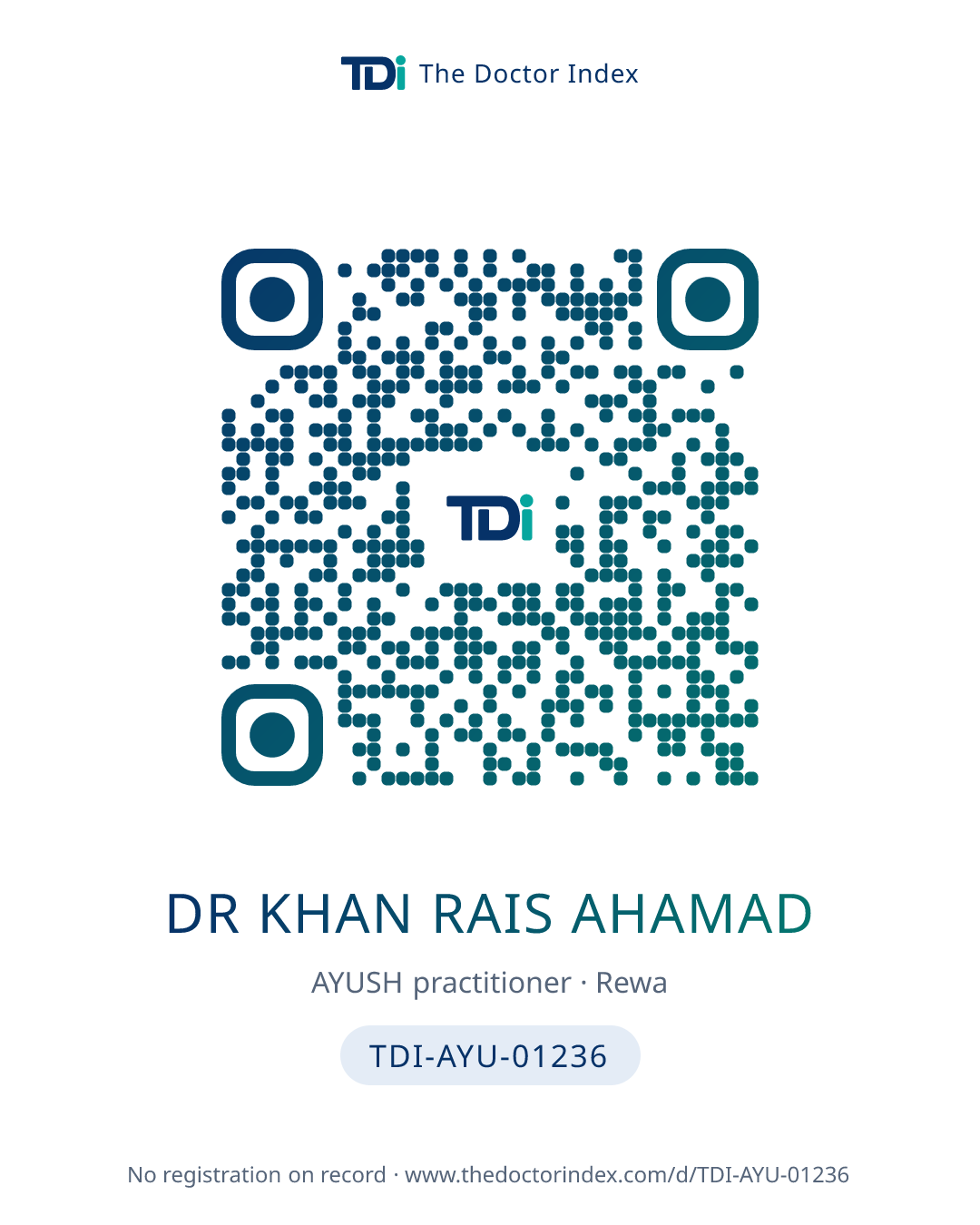 QR card for Dr Khan Rais Ahamad, TDI-AYU-01236