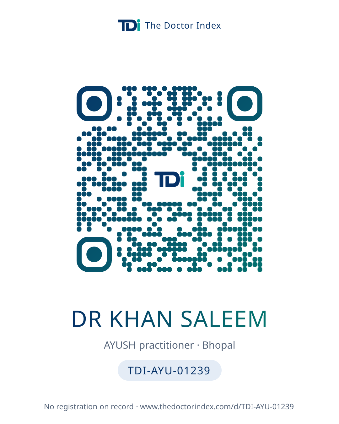 QR card for Dr Khan Saleem, TDI-AYU-01239